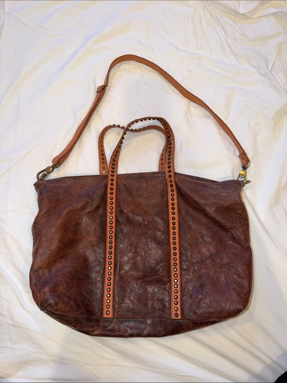 Classic Brown Leather Tote Bag with Stud-Trim Handles